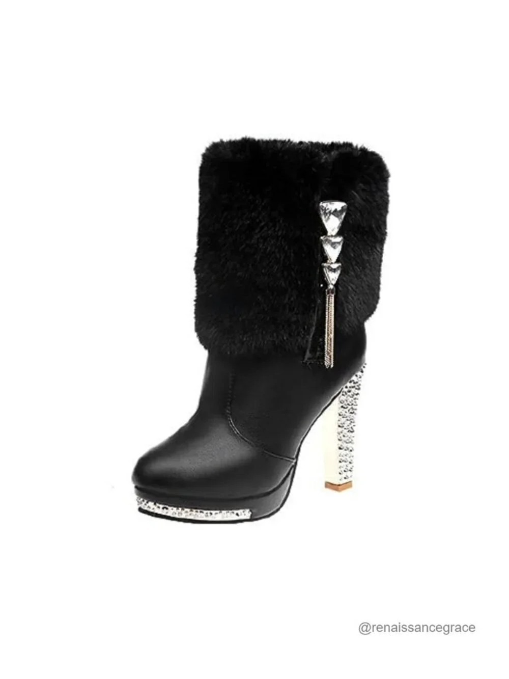 Women's Faux Fur Winter Ankle Boots Rhinestone Side Zipper Chunky Block Heel